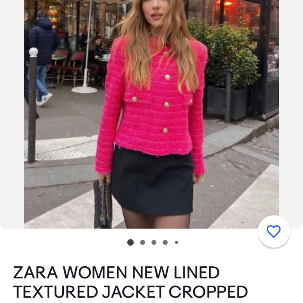 Zara Fushia Tweed Cropped Jacket with Gold Buttons. Size Medium